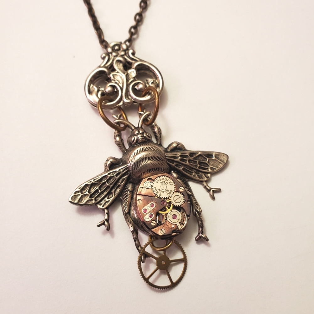 Bee streampunk watch piece necklace